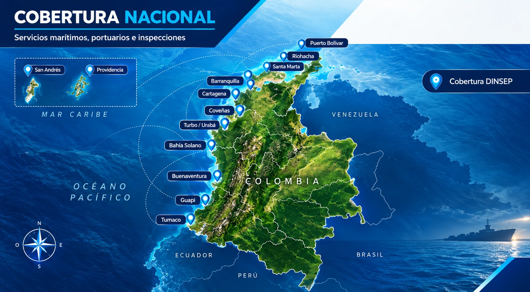 Mapa de cobertura nacional DINSEP: servicios marítimos, portuarios e inspecciones en San Andrés, Providencia, Puerto Bolívar, Riohacha, Santa Marta, Barranquilla, Cartagena, Coveñas, Turbo/Urabá, Bahía Solano, Buenaventura, Guapi y Tumaco.